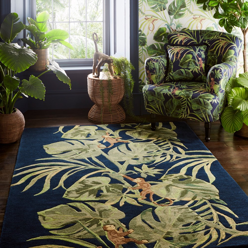 Monkey Business Botanical Rug by Clarke & Clarke in Indigo Blue